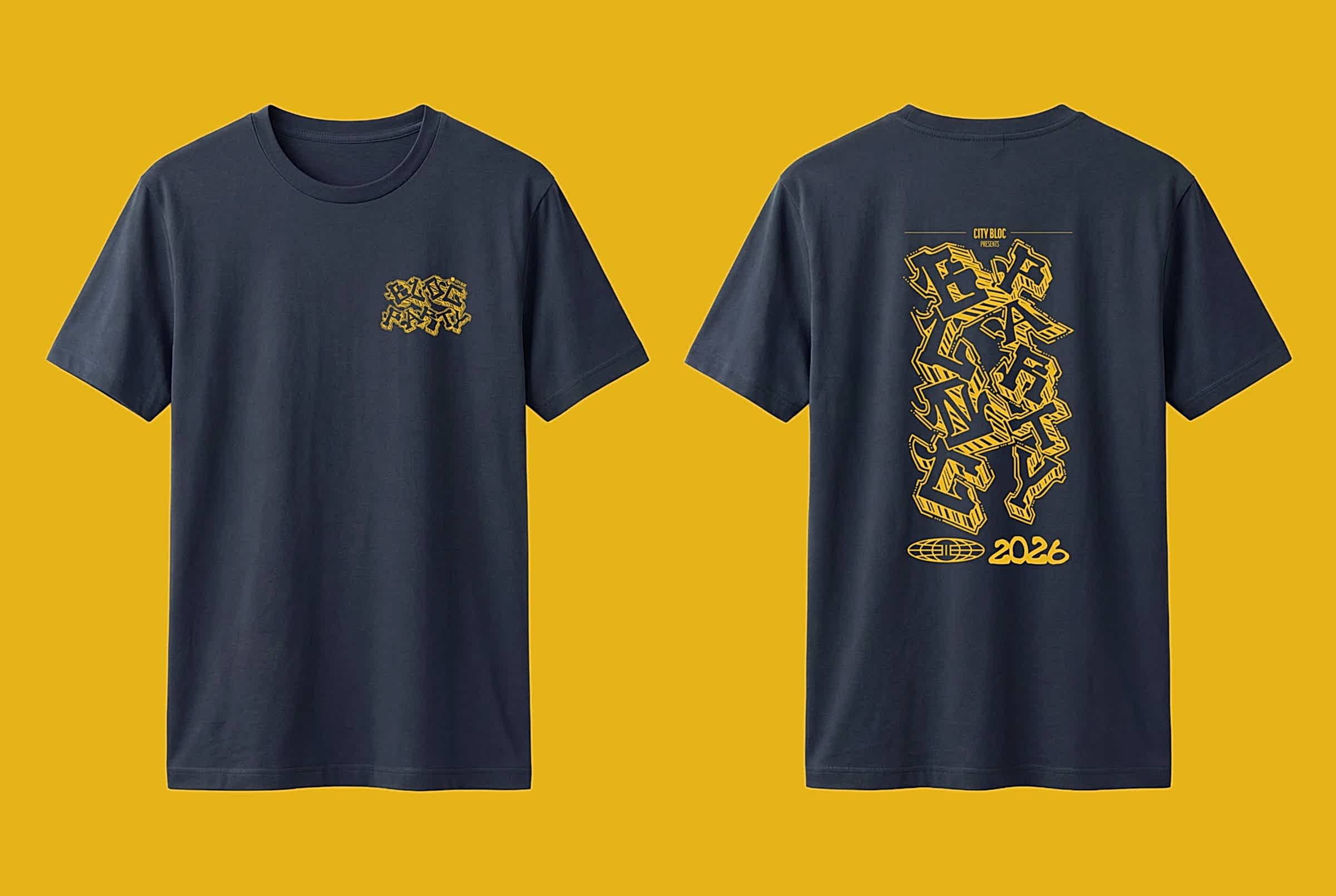 Navy Bloc Party tee with yellow print, front and back