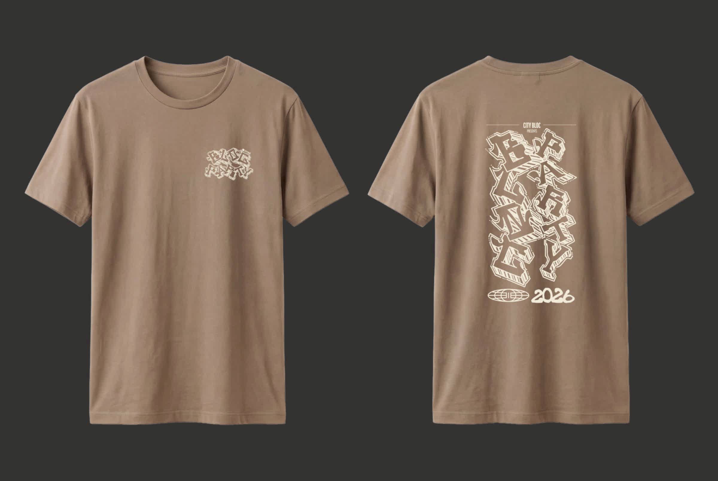 Sand Bloc Party tee with cream print, front and back